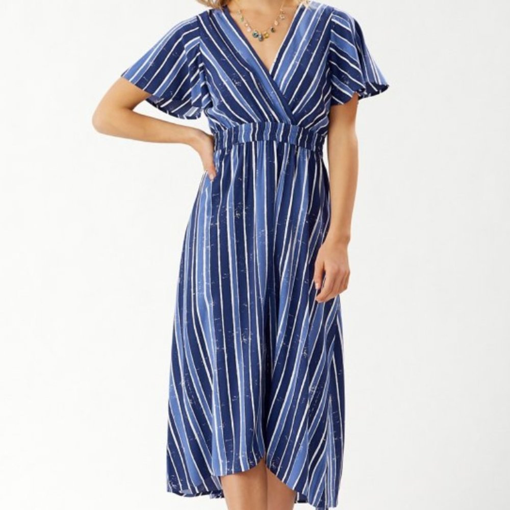 NWT M Tommy Bahama Beach Fan Fair Stripe Maxi Dress, Island Navy, Medium